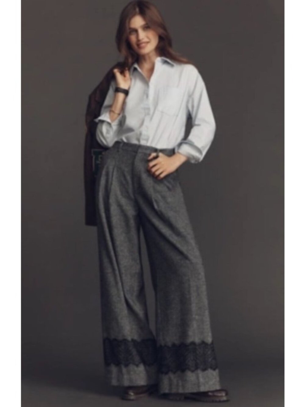 NEW Anthropologie Maeve Tweed Lace Wide-Leg High-Rise Trousers Wool-Blend Grey